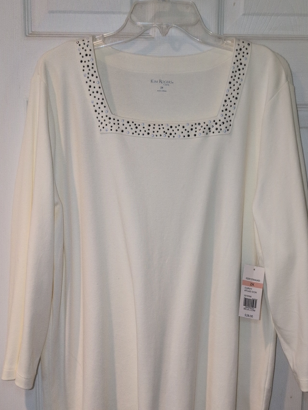 Kim Rogers Cream Square-Neck Long Sleeve Top with Rhinestone Trim